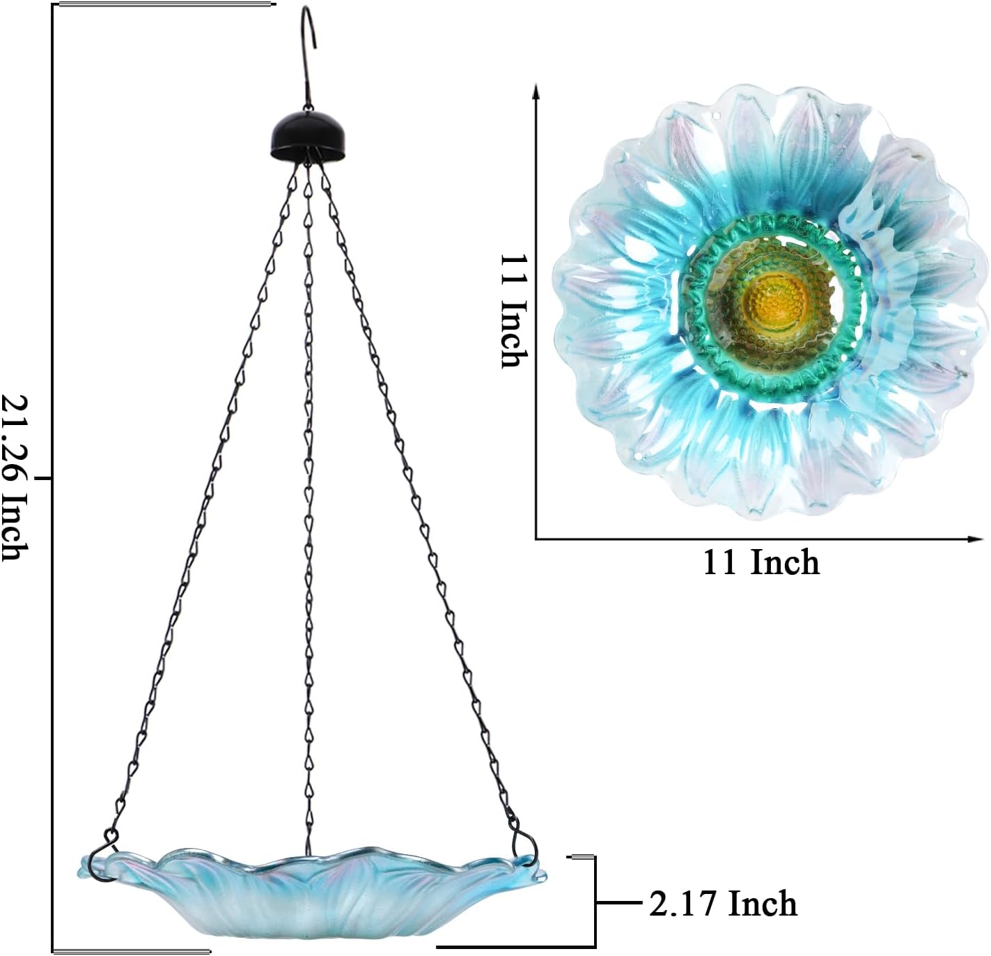 VCUTEKA Bird Bath, Glass Hanging Bird Baths for Outdoors Birdfeeder with 21 inch Rust-Proof Chain for Garden Yard Decor, Blue Daisy