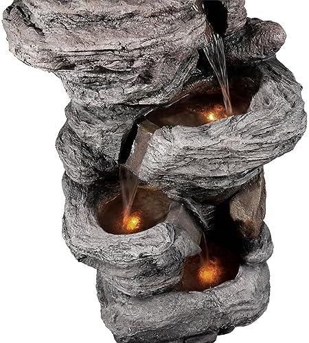Teamson Home 39.37 in. Outdoor Faux Stacked Stone 4-Tier Water Fountain with LED Lights and Pump, Gray