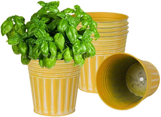 6 Inch Yellow Metal Rustic Flower Pots - 6Pcs Galvanized Planters with Drainage Hole and Rubber Plug, Rustproof Metal Bucket Plant Pots Farmhouse Vintage Style for Decor