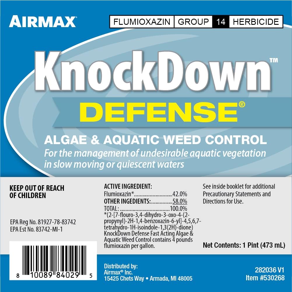 Airmax Knockdown Defense 2-in-1 Liquid Pond Algae Control, Effective & Fast Acting Algaecide, Aquatic Weed Treatment for Clear Water in Ponds & Lakes, Liquid Formulation, 16 oz with Treatment Booster