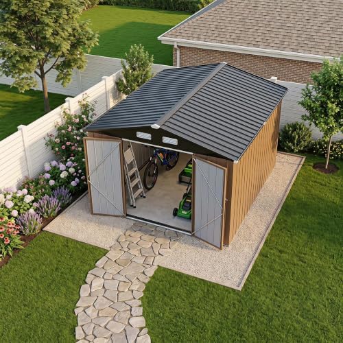 LAUSAINT HOME 10 x 10 FT Outdoor Storage Shed, Heavy Duty Galvanized Steel Storage Shed with Double Lockable Doors, Gable Roof & Air Vent for Backyard & Patio, Brown