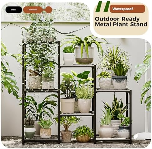 Bamworld Black Plant Stand Outdoor Metal Plant Shelf for Multiple Plants