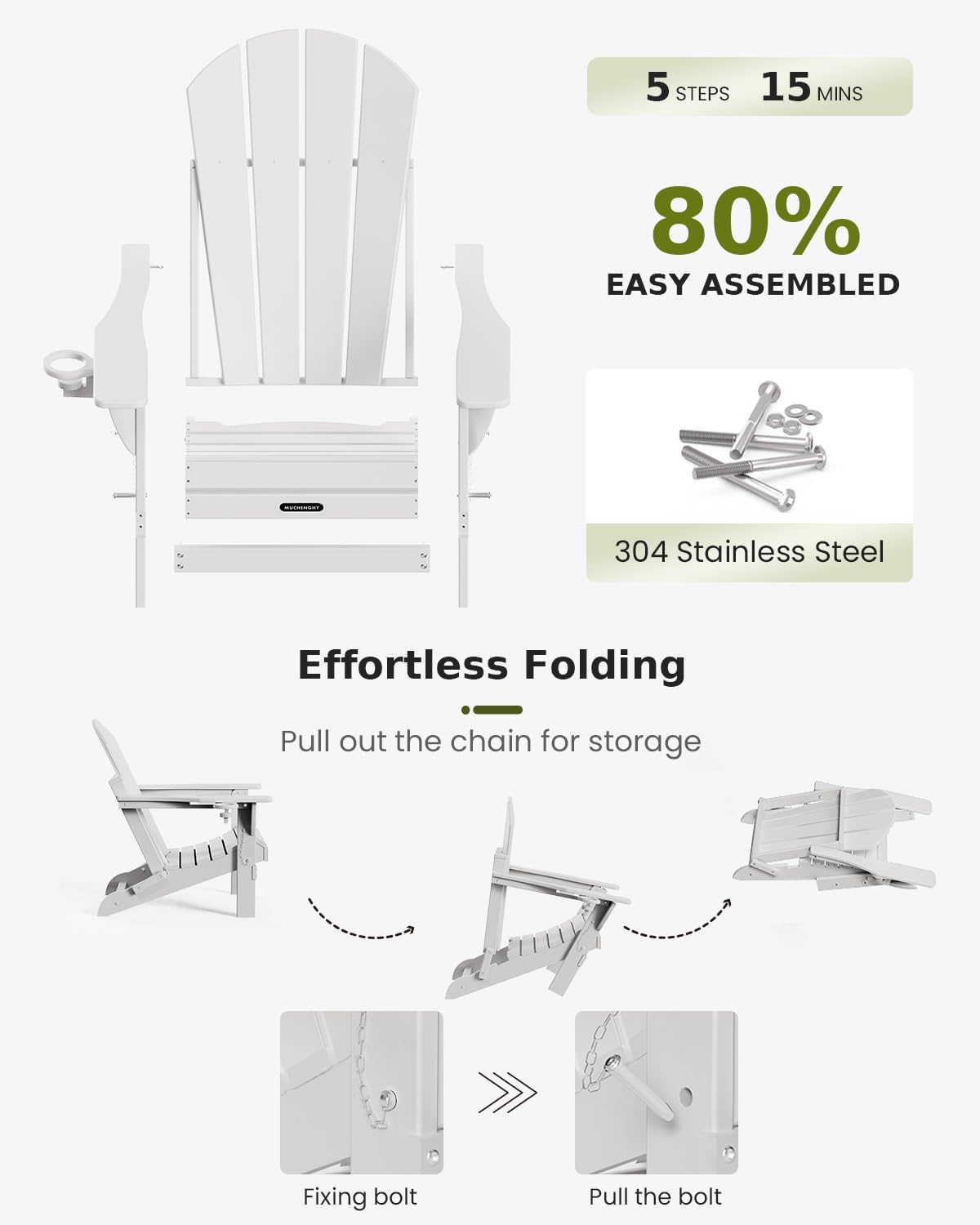 MUCHENGHY Folding Adirondack Chairs 4 Pack, Patio Chairs, Lawn Chairs, Outdoor Chairs, Adirondack Chair Plastic, Fire Pit Chairs, Weather Resistant with Cup Holder for Deck, Backyard, Garden(White)