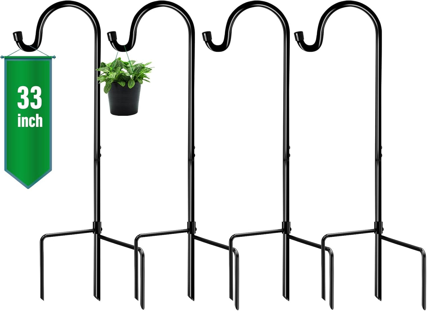 GOFORWILD Shepherd Hook 4 Pack Black, 33 inches Tall, Made of Premium Metal for Garden Decor, Plant Hanger, Lantern Hook, Solar Light Hanging, 7012