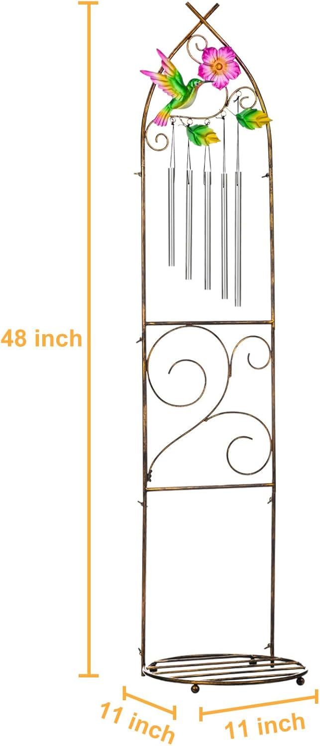 Garden Trellis with Plant Stands, 48” Metal Detachable Hummingbird Plant Pot Trellis with Wind Chimes for Climbing Plants Outdoor Lawn Patio Porches Decor
