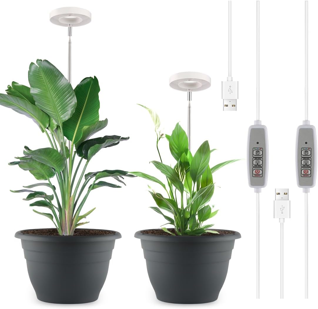 11 Inch Plant Pots with 2 x LED Grow Lights for Indoor Plants and 1 x Soil Moisture Meter - Complete Indoor Plant Care Set, 2 Pack Flower Pots with Drainage Holes and Plug, Gray