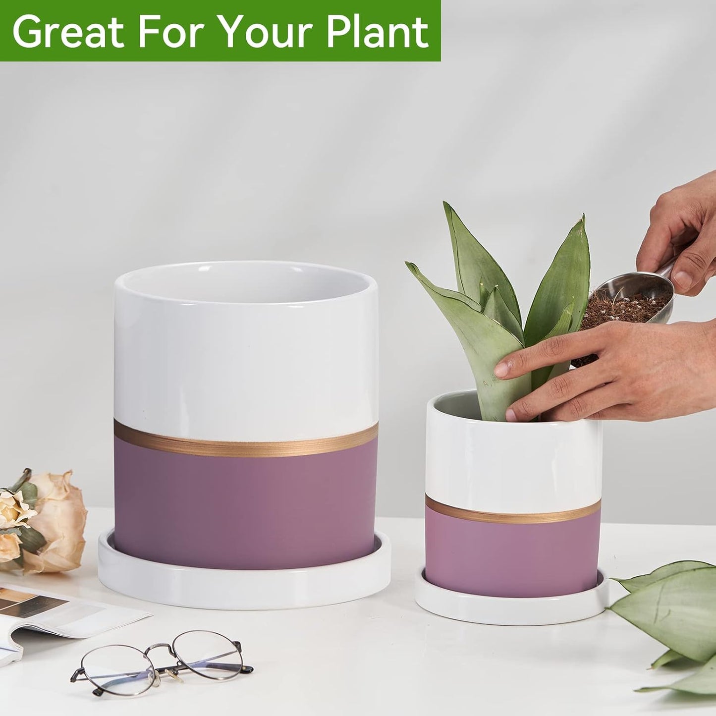 Ekirlin 5 inch Plant Pot - Ceramic Flower Planters Indoor - Modern Succulents Containers with Drain Hole Saucer, Decorate Home, Office & Outdoor (Purple)