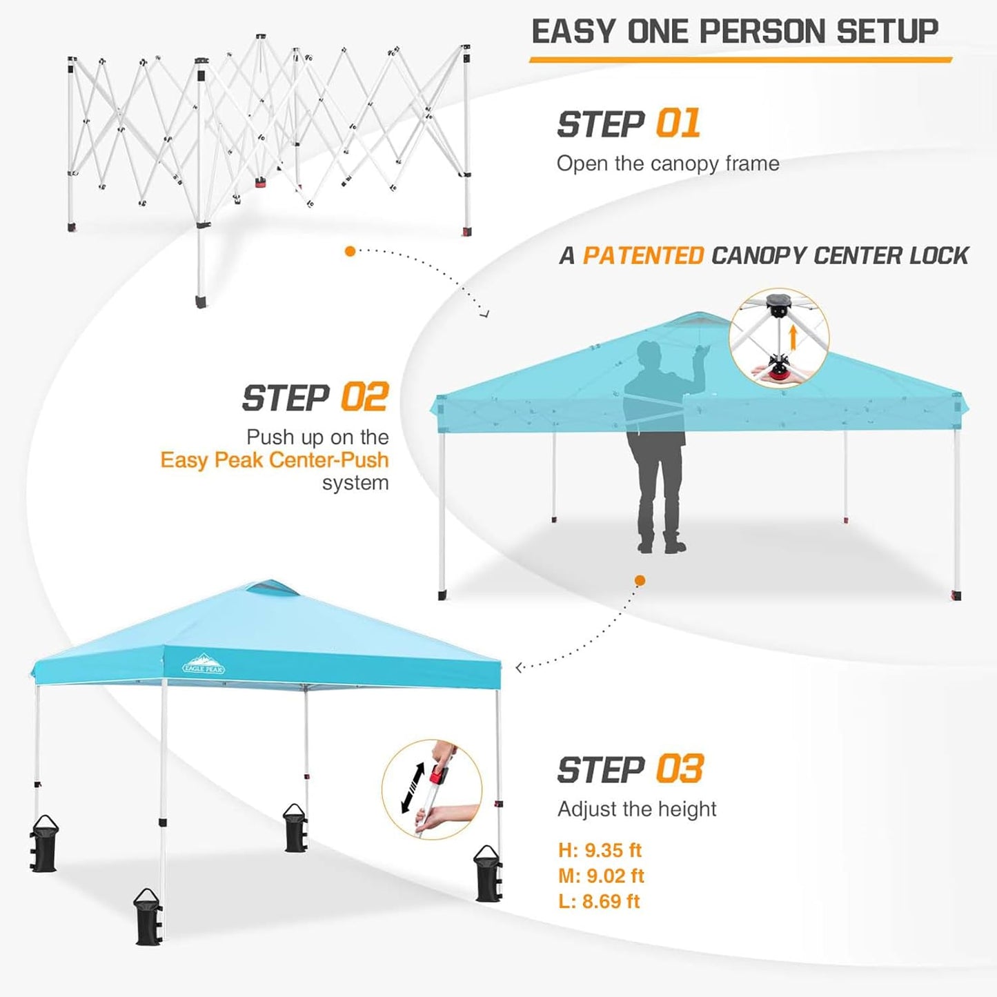 EAGLE PEAK Pop Up Canopy Tent with Wheeled Carry Bag, 8 Stakes, 4 Ropes, 4 Weight Bags, Easy Set Up Tent Canopy, 10x10 ft, 100sqft of Shade, Light Blue