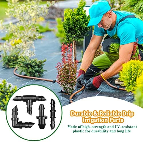 1/4 Inch Drip Irrigation Fittings Kit：140 Pieces Drip Irrigation Parts with Sharp End for 1/4" Irrigation Tubing Barbed Connectors for Home Garden 65 Couplings 50 Tees 10 Elbows 15 Goof Plugs