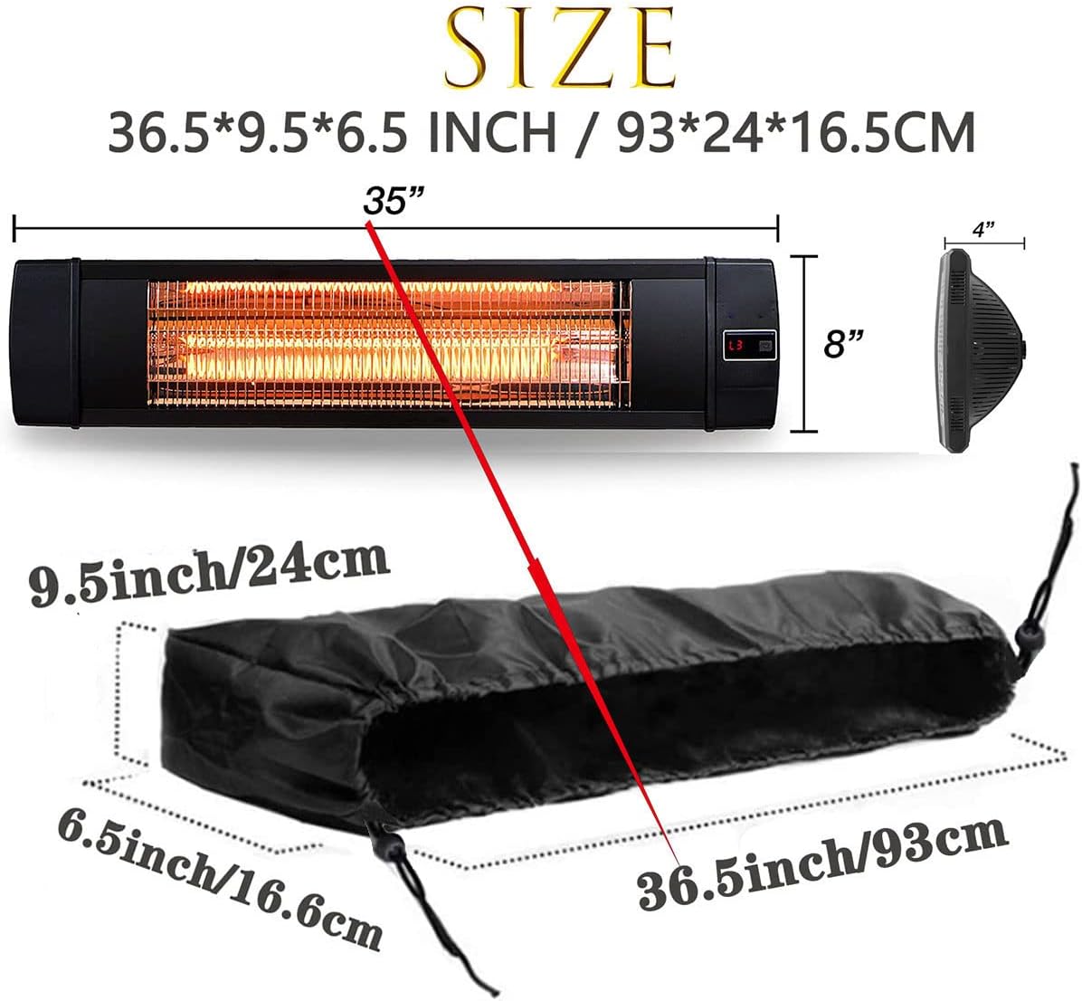 Wall-Mounted Patio Heater Cover - Black 36.5''L *9.5''H *6.5 '' W Electric Heater Cover,420D Oxford Waterproof Dustproof Infrared Heater Covers for Indoor Outdoor Garage Backyard Hanging Patio Heaters