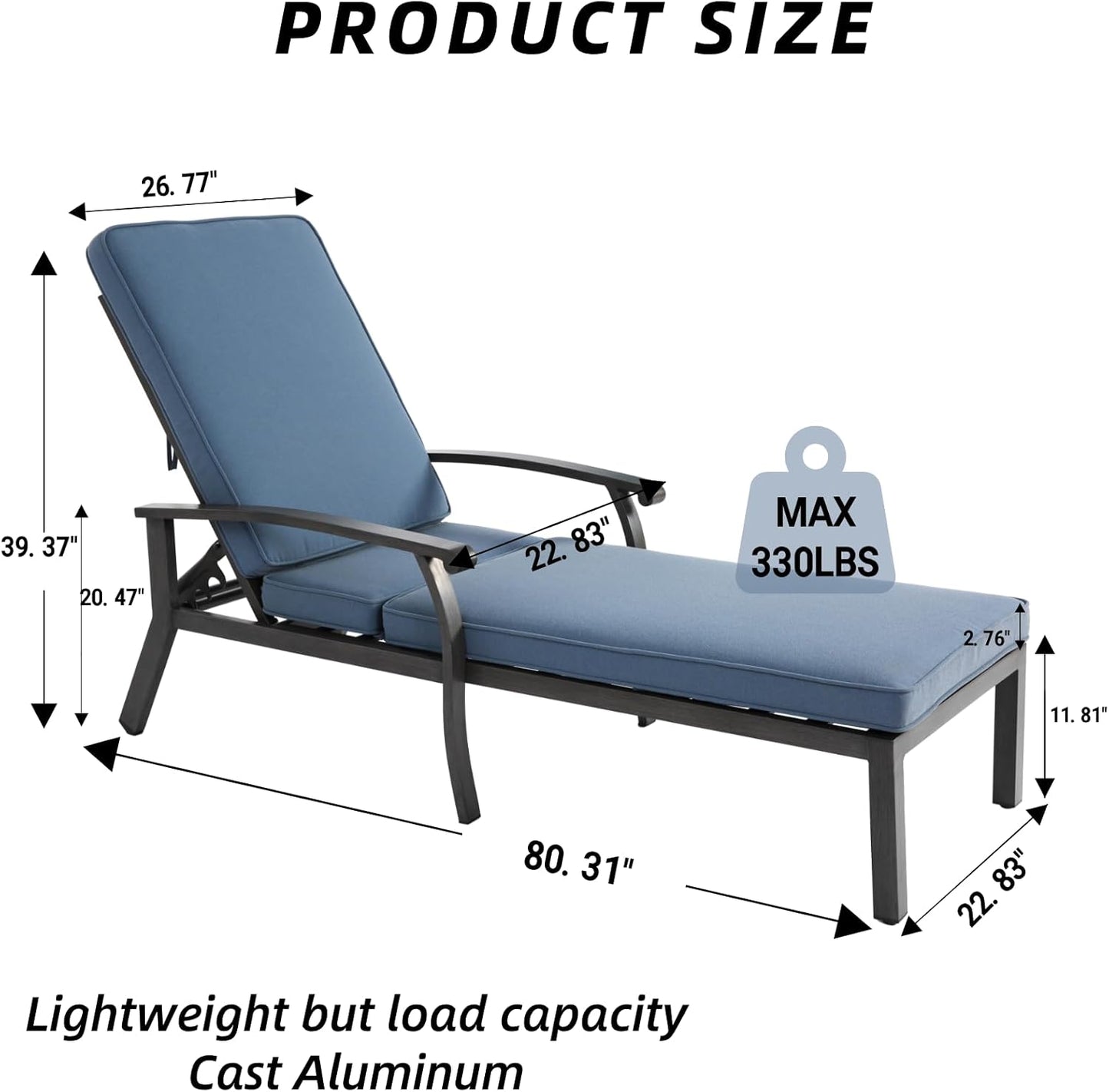 Outdoor Chaise Lounge with 5-Level Adjustable Backrest Set of 2, Durable Aluminum Patio Chair with Waterproof Cushion & Wheels for Garden, Poolside, Blue