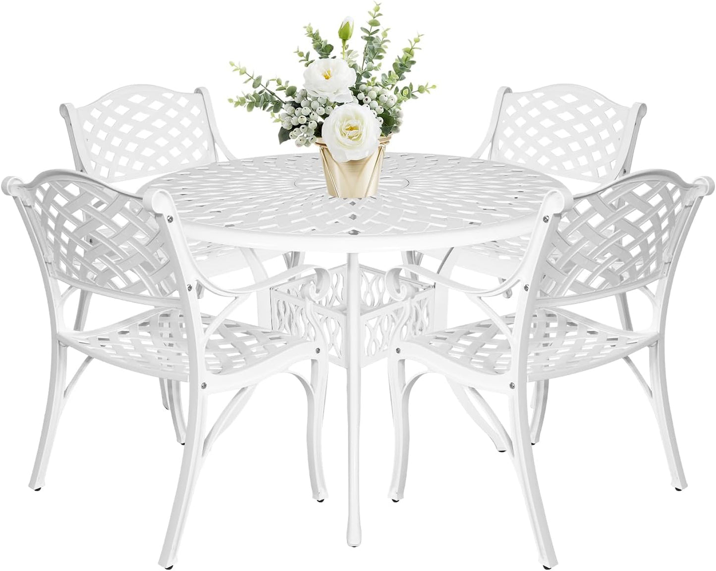 5 Piece Cast Aluminum Outdoor Dining Set, Outdoor Table and Chairs Set of 4, Patio Dining Set with 4 Chairs and 42" Round Table, Patio Conversation Set with 1.97" Umbrella Hole