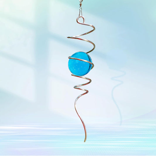 Gazing Ball Spiral Tail with 11inch Tail and 2inch Blue Glass Orb, Wind Spinner Stabilizer with Swivel Hook. Sun Catcher Rainbow Maker Hanging Decor for Garden Home Indoor Outdoor 13" H