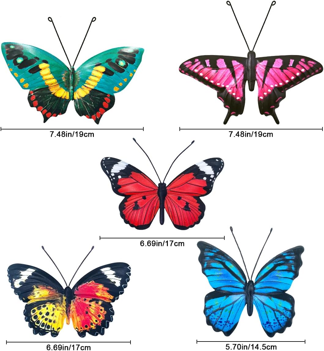 EOORAU Metal Butterfly Wall Decor - 5 Pack Lifelike Butterflies Wall Art Sculpture Hanging Decorations for Indoor or Outdoor, Yard Patio Fence Garden Decorations