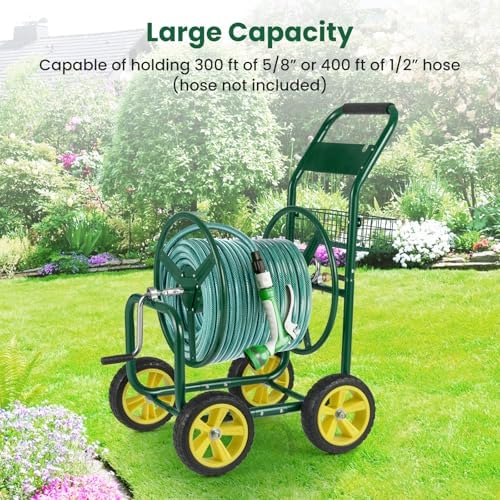 Goplus Garden Hose Reel Cart, 300 ft 5/8" or 400 ft 1/2", Heavy-Duty Metal Hose Cart w/ 4 Wheels, Storage Basket, Portable Water Hose Organizer for Yard Planting Lawn