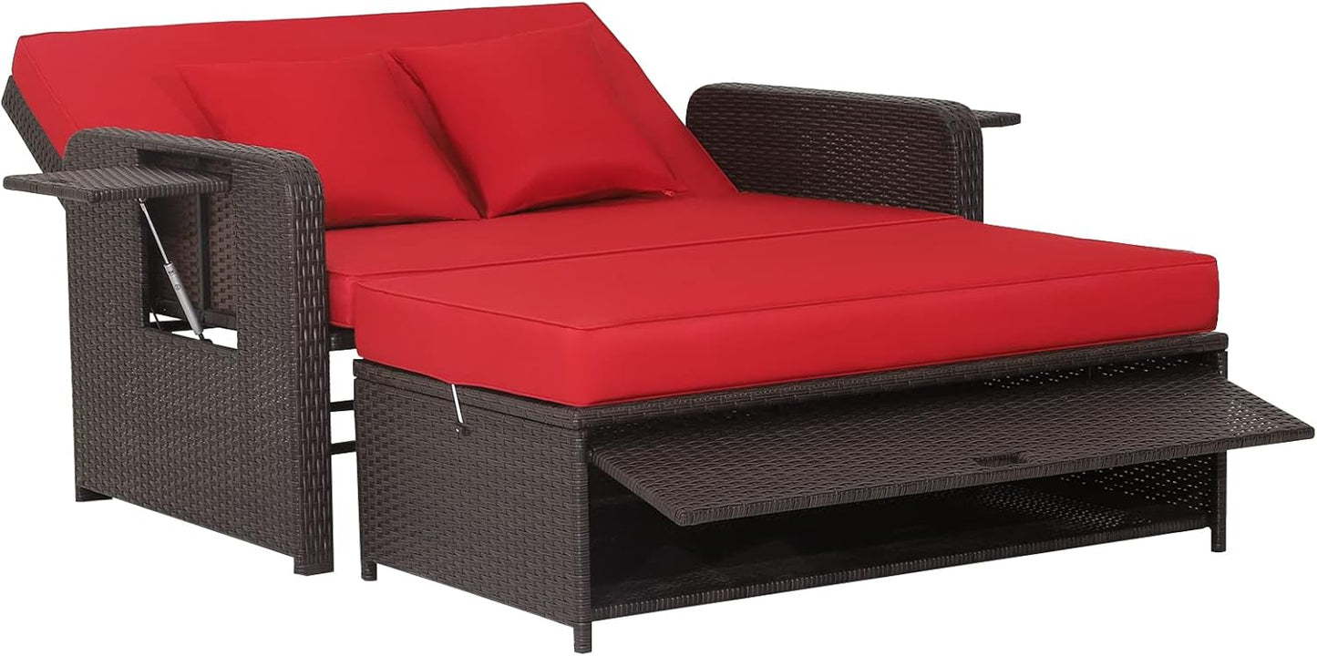 Tangkula Patio Rattan Daybed, Patiojoy Wicker Loveseat Sofa w/Multipurpose Ottoman & Retractable Side Tray, 4-Level Adjustable Backrest, Footstool w/Storage, Seat & Back Cushion Included
