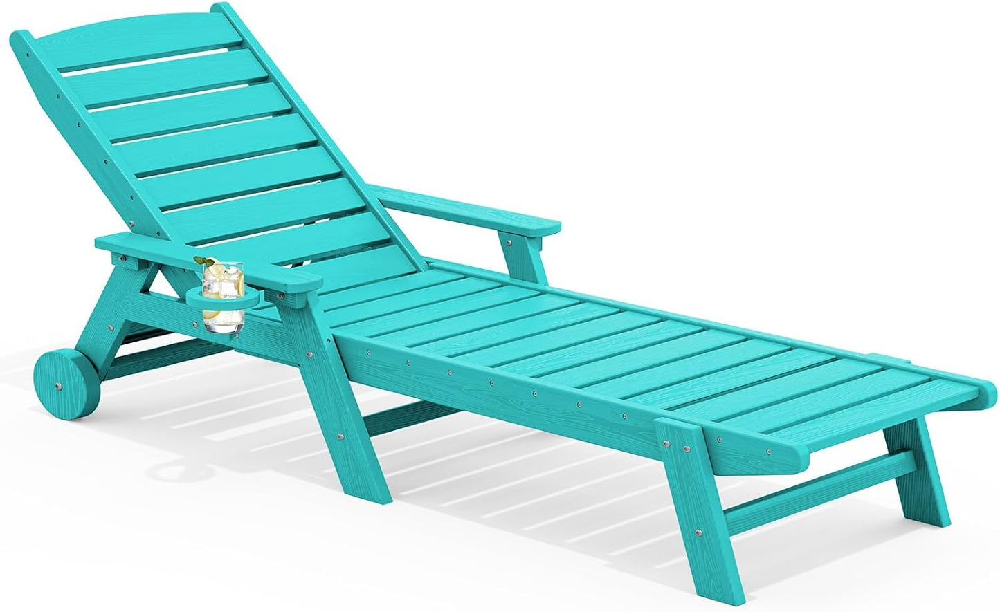 SERWALL Patio Chaise Lounge Chair, 78'' Long HDPE 5 Positions Adjustable Outdoor Lounger, Poly Lounge Chair with Rolling Wheels & Cup Holder for Pool, Aqua Blue