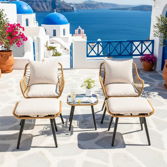 5 Pieces Patio Bistro Set, Outdoor Patio Table and Chairs with Footrest, Waterproof Small Patio Conversation Set, Outdoor Chair with Ottoman for Porch, Backyard, Deck, Balcony