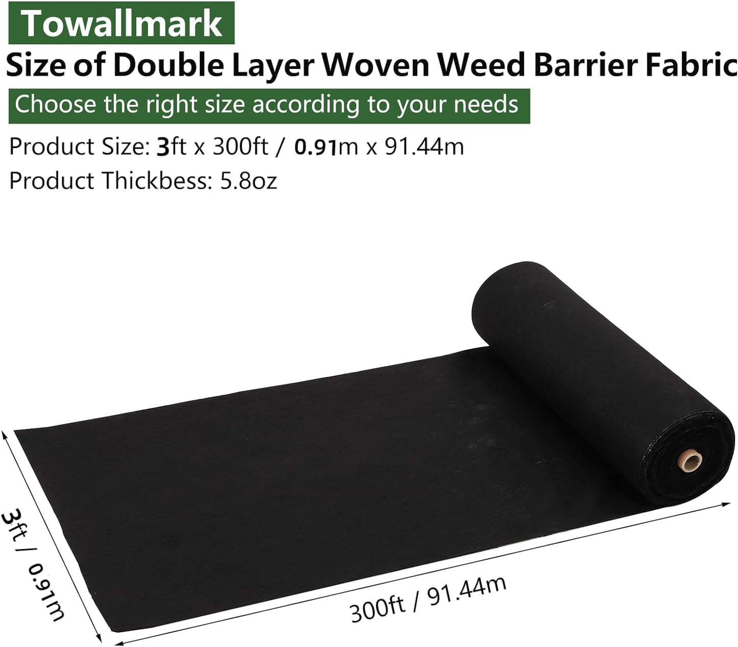 Broadfashion Woven Landscape Fabric 5.8oz, 3 x 300FT Weed Fabric Barrier, Double Layer, Garden Fabric Weed Barrier, Weed Control Fabric Ground Cover, Gardening Mat for Garden Beds, Landscaping