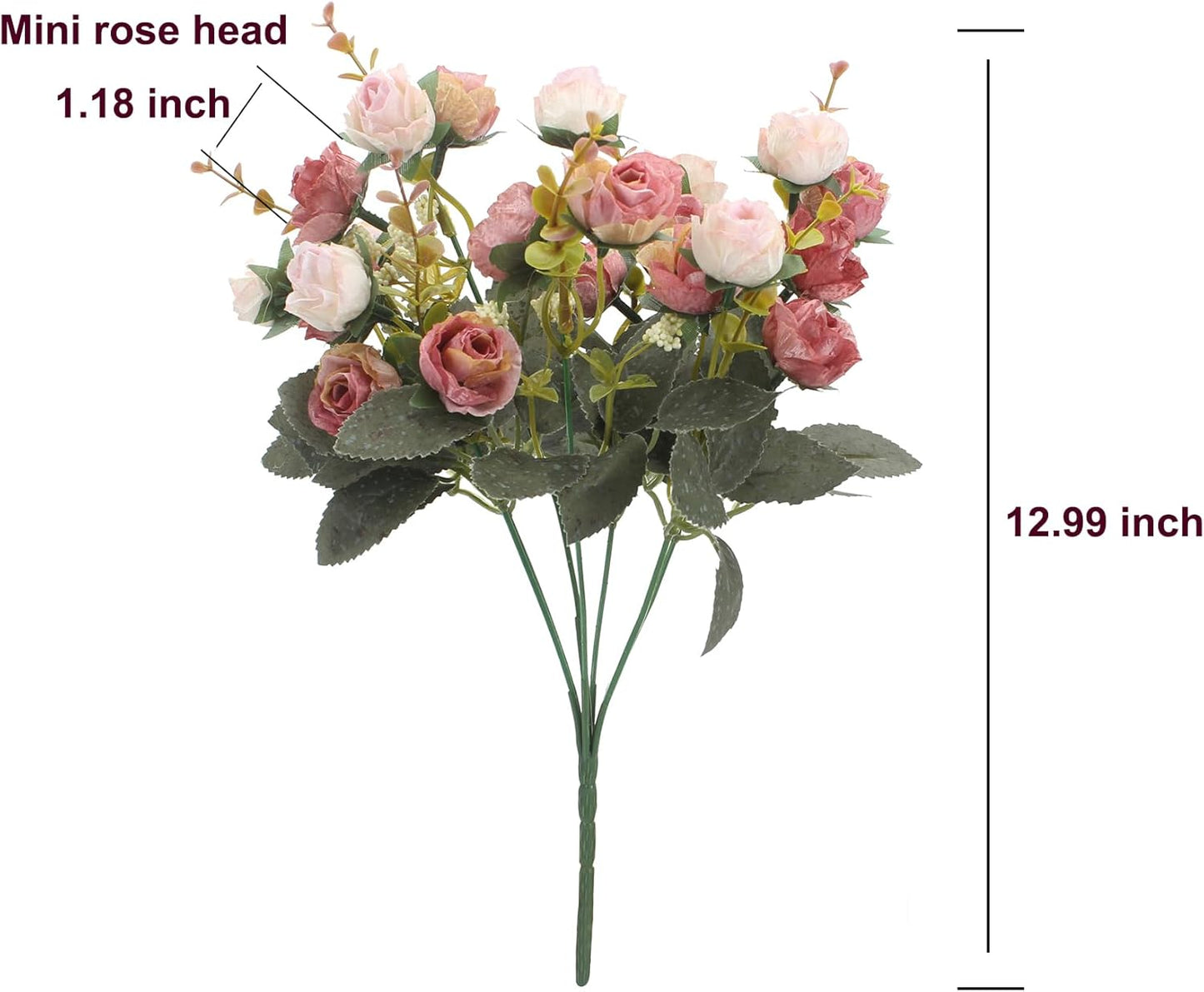 Duovlo 7 Branch 21 Mini Rose Heads Artificial Flowers Bouquet Wedding Home Office Decor,Pack of 2 (2 PCS Pink)