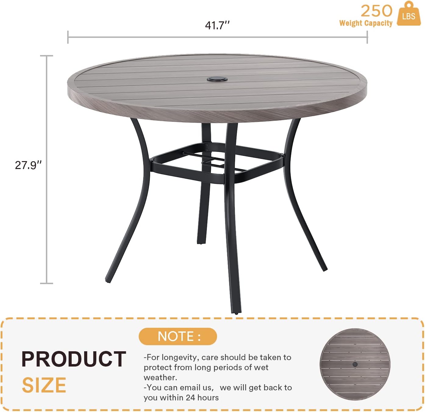 VICLLAX Round Patio Table with Adjustable Umbrella Hole, All Weather Outdoor Round Dining Table for Lawn Garden, 41.2"x 28" Grey Wood-Like Outdoor Coffee Table
