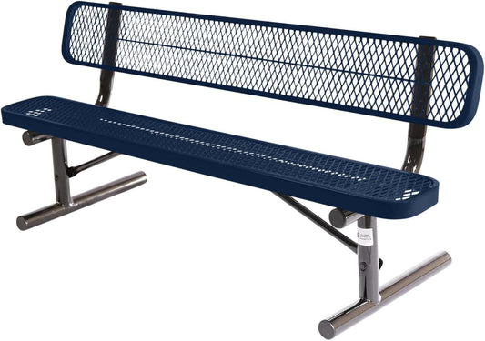 Heavy-Duty Portable Outdoor Bench Thermoplastic Coated, Expanded Metal, Commercial-Grade Seating, Made in America (Portable with Back, 6 Ft, Textured Dark Blue)