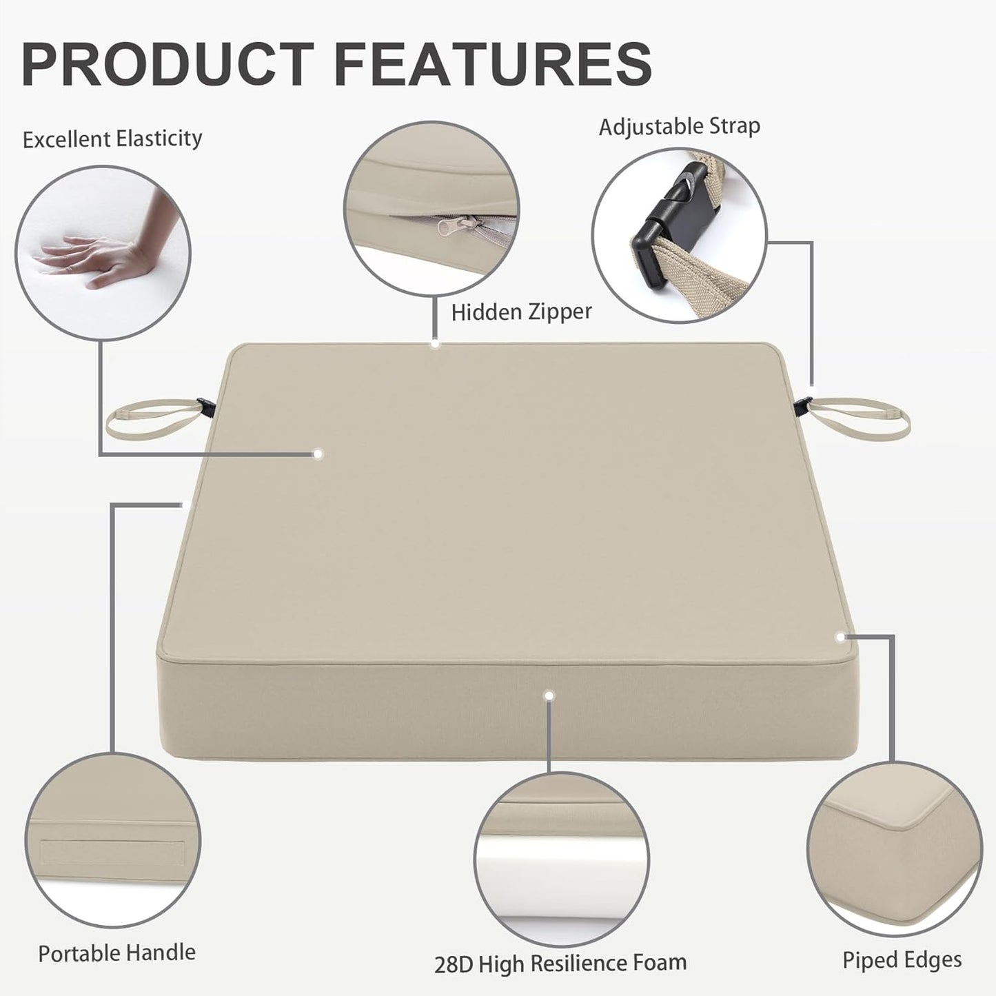 Favoyard Patio Chair Cushions 24 x 24 x 4 Inch Waterproof Outdoor Seat Cushions for Patio Furniture 3-Year Color Fastness Garden Sofa Couch Chair Pads with Handle & Adjustable Straps Set of 2, Beige