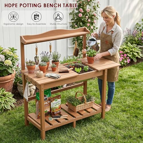 HDPE Outdoor Potting Bench with Sliding Tabletop & Removable Sink