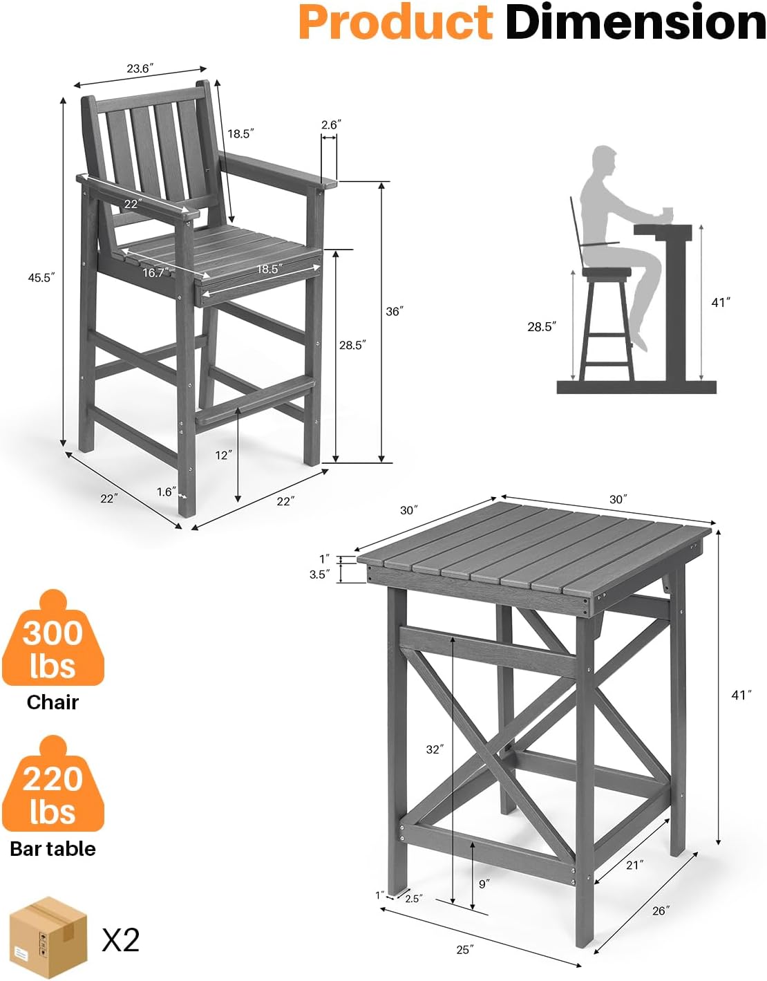 5 Pieces Adirondack Bar Chairs Set, HDPE Patio Bar Height Table and Chairs, Tall Adirondack Outdoor Bar Stools Set, HDPE Patio Bar Table Sets Furniture for Balcony, Garden, Pool, Smoke Gray