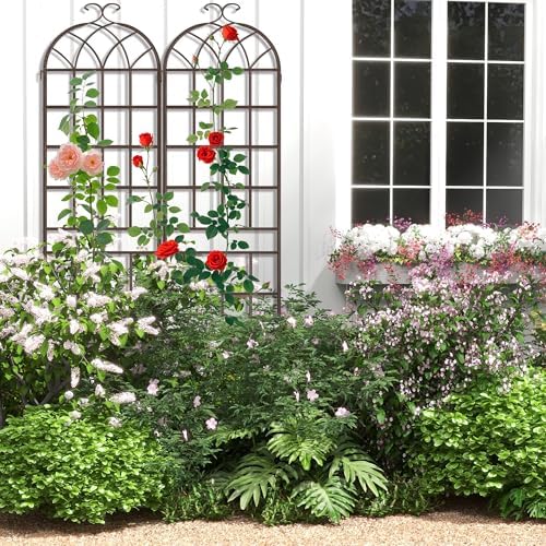 82.7 x 40in Rustic Iron Arch Decoration Garden Trellis with Metal Coating – Perfect for Supporting Climbing Plants Outdoor, Roses, Vines, Flowers, and Vegetables, Brown