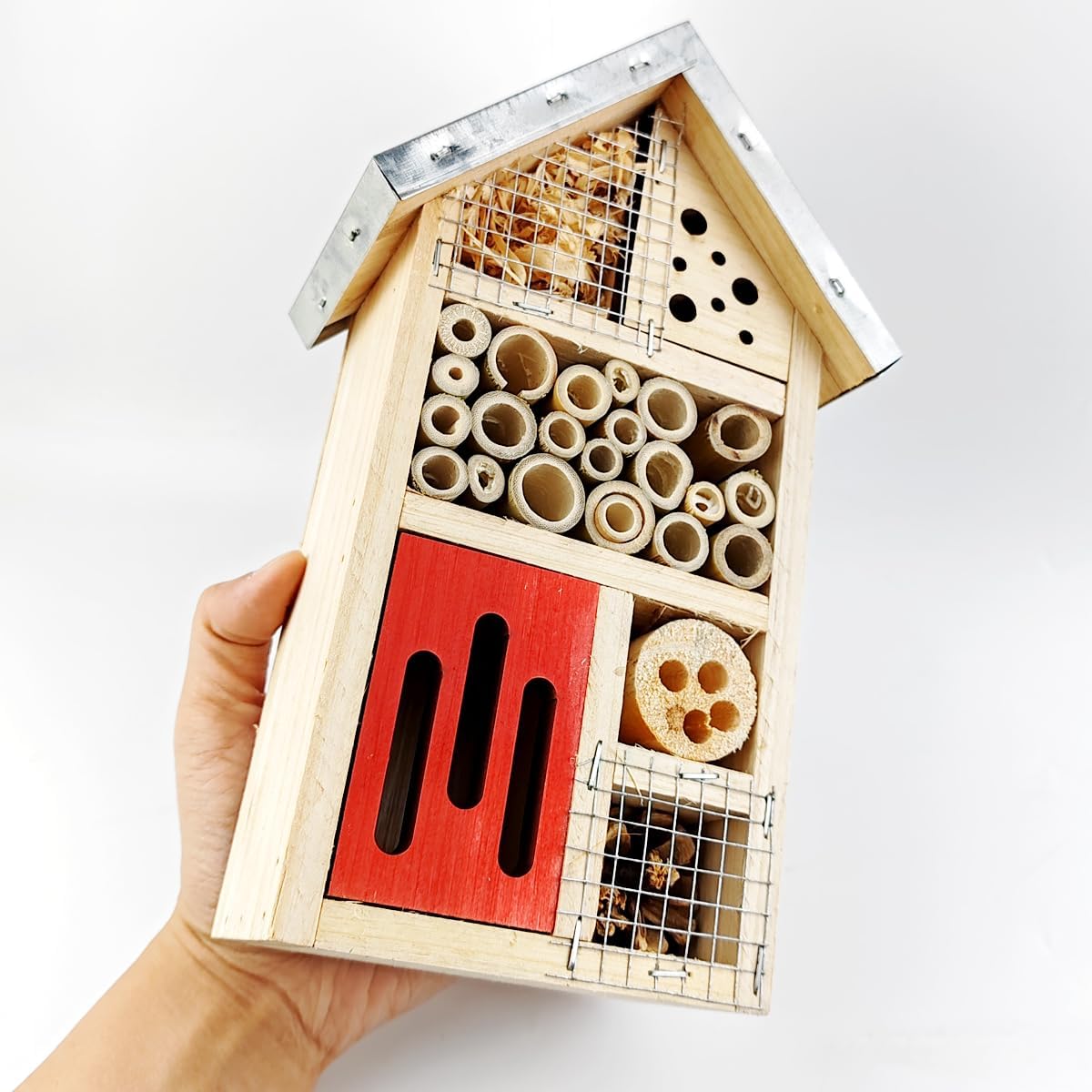 TIHOOD Natural Wooden Hanging Bee House for Gardens Natural Wooden Butterfly Hotel for Bee, Butterfly, Ladybirds, Habitat, Bee Hotel Garden