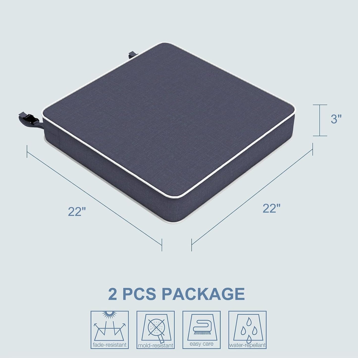 LVTXIII Patio Chair Cushions 22"x22"x3", Water-Repellent Outdoor Seat Cushions for Patio Furniture, Square Chair Pads with Ties for Home Garden Decoration, Set of 2, Textured Navy