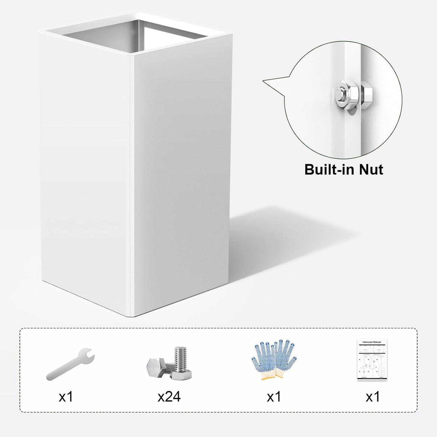 Galvanized Steel Metal Planter, 28 Inch White Square Outdoor Planters with Removable Insert Shelf and Drain Holes, Heavy Duty Flower Pot Modern Commercial Residential for Trees Patio Deck Yard Garden