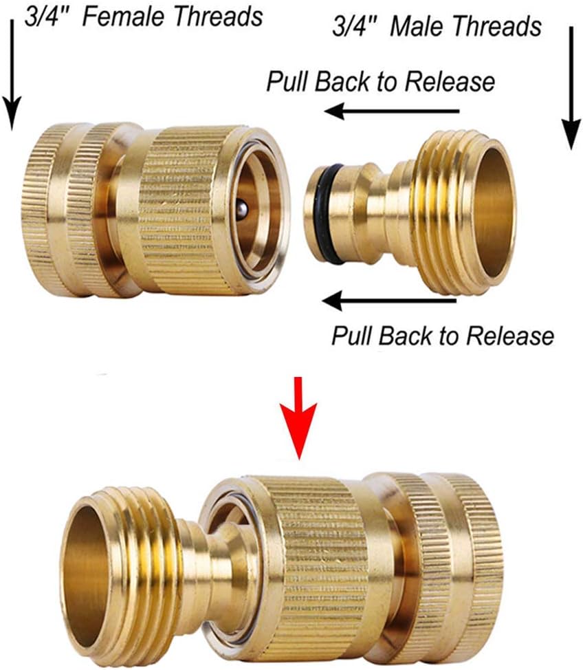 Garden Hose Quick Connectors, Solid Brass 3/4 inch GHT Thread Easy Connect Fittings No-Leak Water Hose Male Female Value Pack (3)