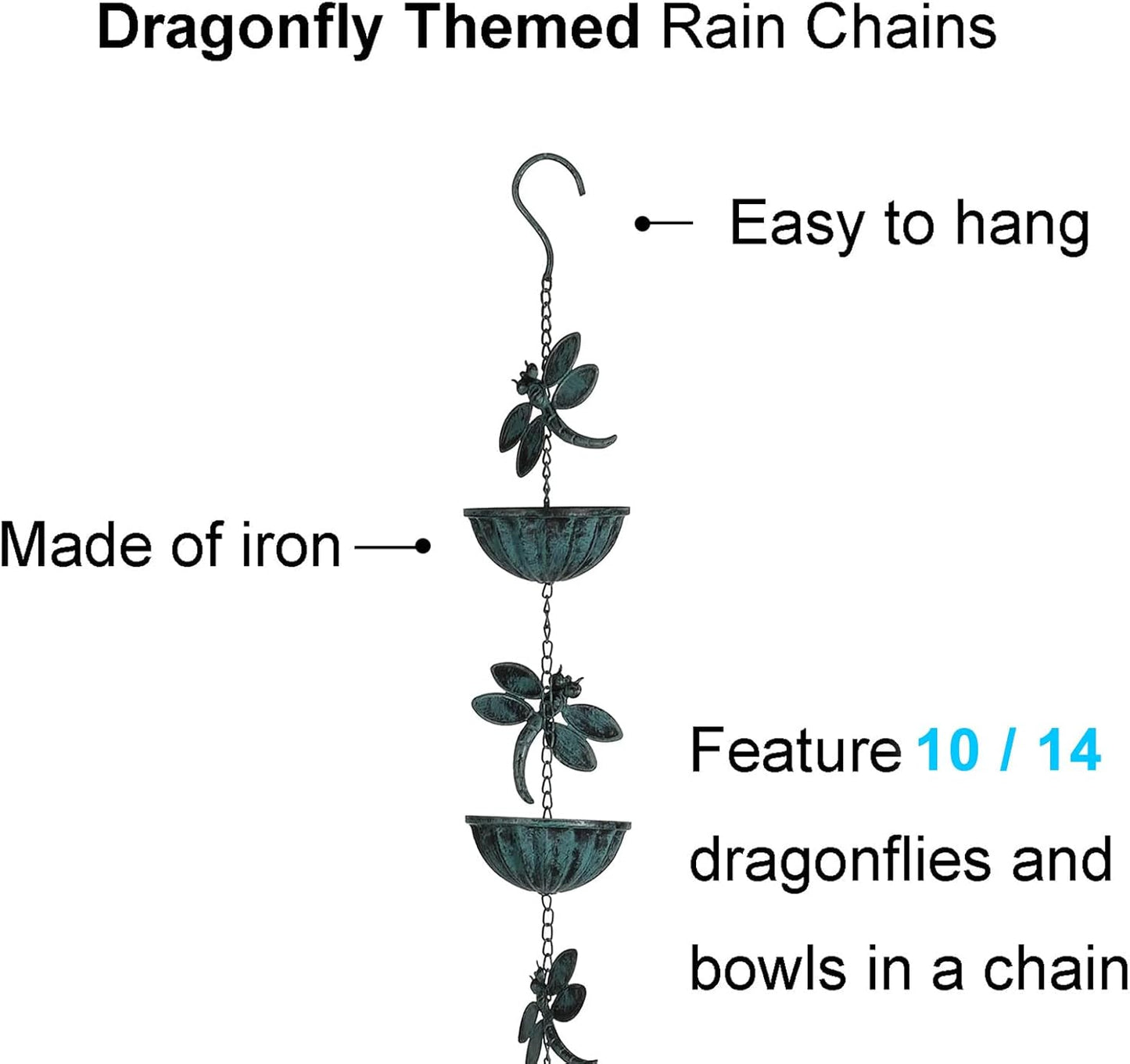 Iron Dragonfly Rain Chain for Gutters, 8.5-Feet Length, Distressed Blue