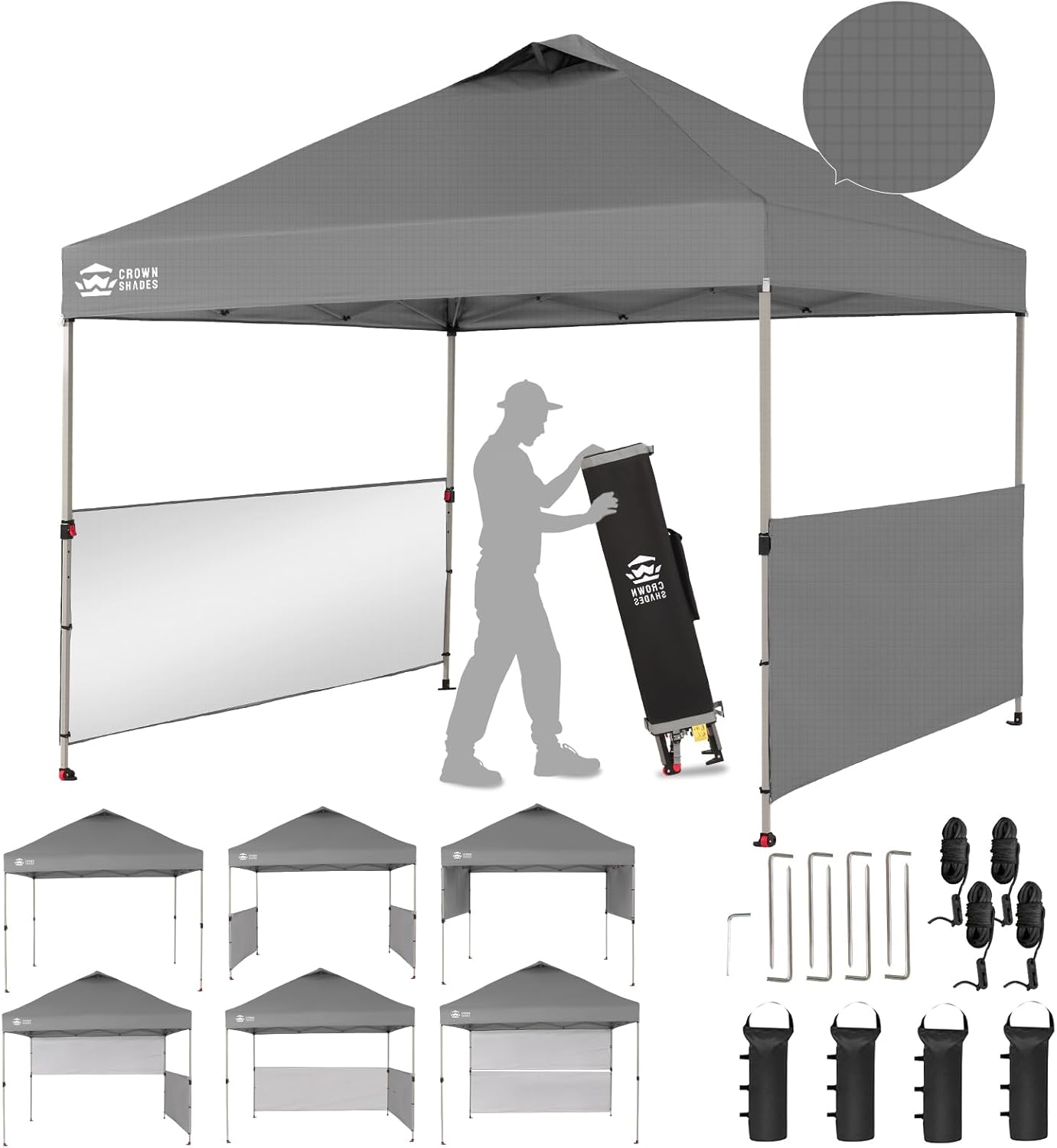 CROWN SHADES 10x10 Pop up Canopy Tent Instant Canopy with 150D Silver Coated Fabric Including 2 Half Sidewalls, 4 Ropes, 8 Stakes, 4 Weight Bags, STO 'N Go Bag, Grid Grey
