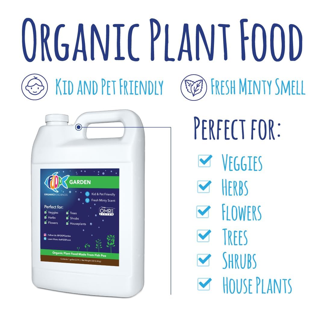 FOOP Garden Pump Bundle - Organic Liquid Plant Food Made from Fish Manure (with Fresh Minty Scent) | Perfect for Veggies, Herbs, Flowers, Trees, Shrubs | Kid & Pet Friendly (1 Gallon + Pump)
