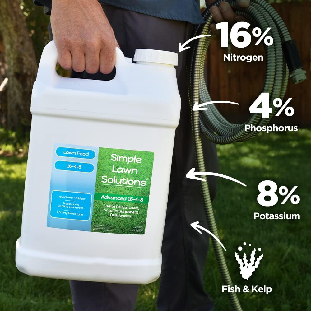 Advanced 16-4-8 Lawn Fertilizer - Liquid Lawn Food Spring & Summer Concentrated Spray - Any Grass Type- Fish and Seaweed Kelp- Balanced NPK - Simple Lawn Solutions (2.5 Gallons)