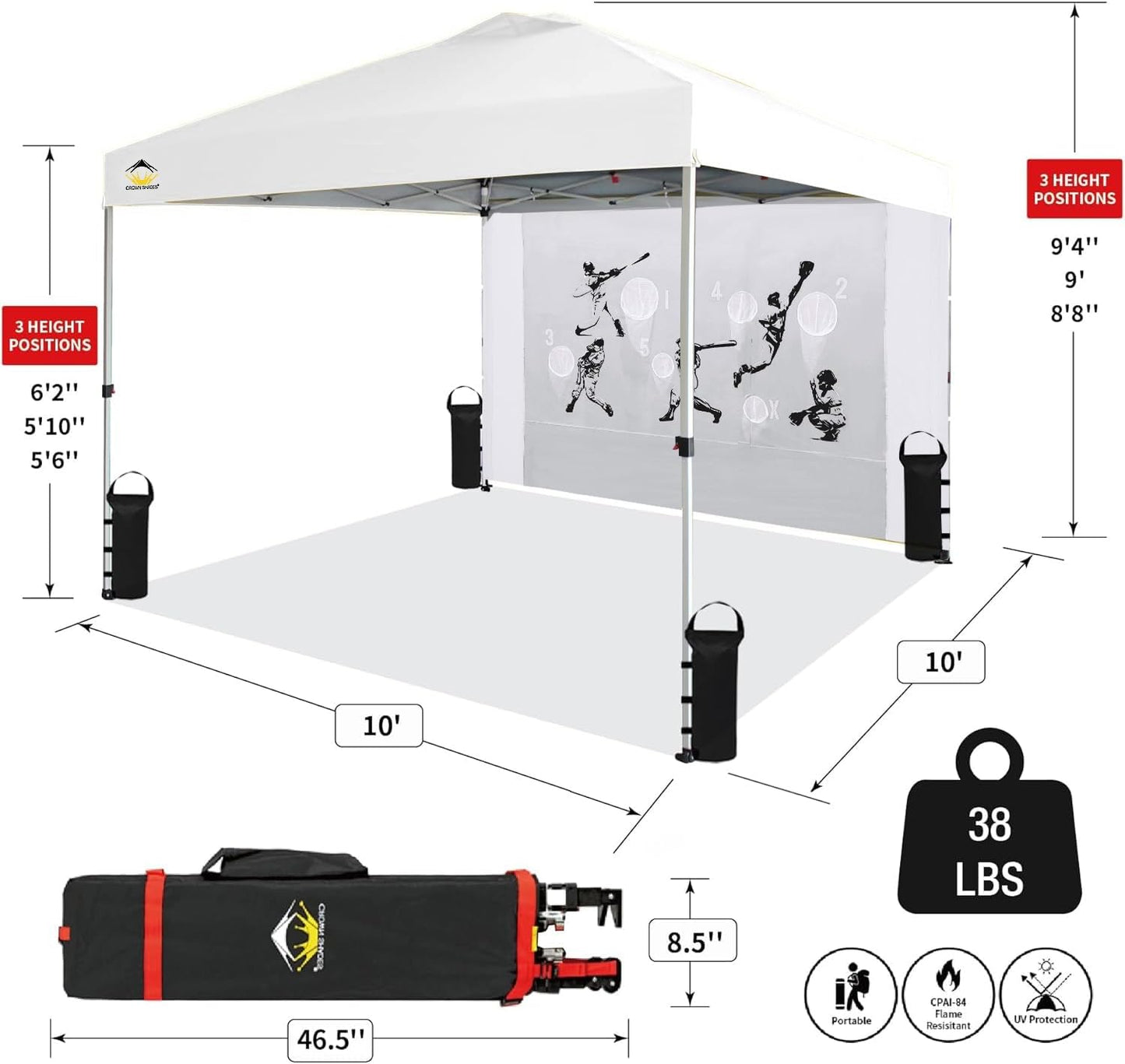 CROWN SHADES 10x10 Pop Up Canopy Tent with Game Netting - Beach Tent with One Push Setup - Outdoor Sun Shade for Events, Parties, Camping with STO-N-Go Cover Bag, Silver Coated Top, White