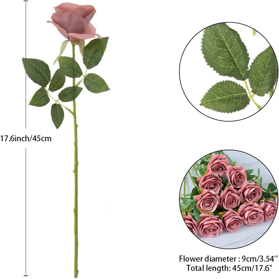 12pcs Roses Artificial Flowers Fake Roses Dusty Rose Pink Silk Roses Silk Flowers Rose with Long Stems for Wedding Home Party Centerpieces Decorations