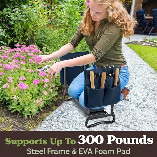 Pure Garden Garden Kneeler and Seat - Kneeling Pad Garden Stool with Tool Pouches - Gardening Gifts for Mom, Dad, Seniors, or Grandparents (Blue)