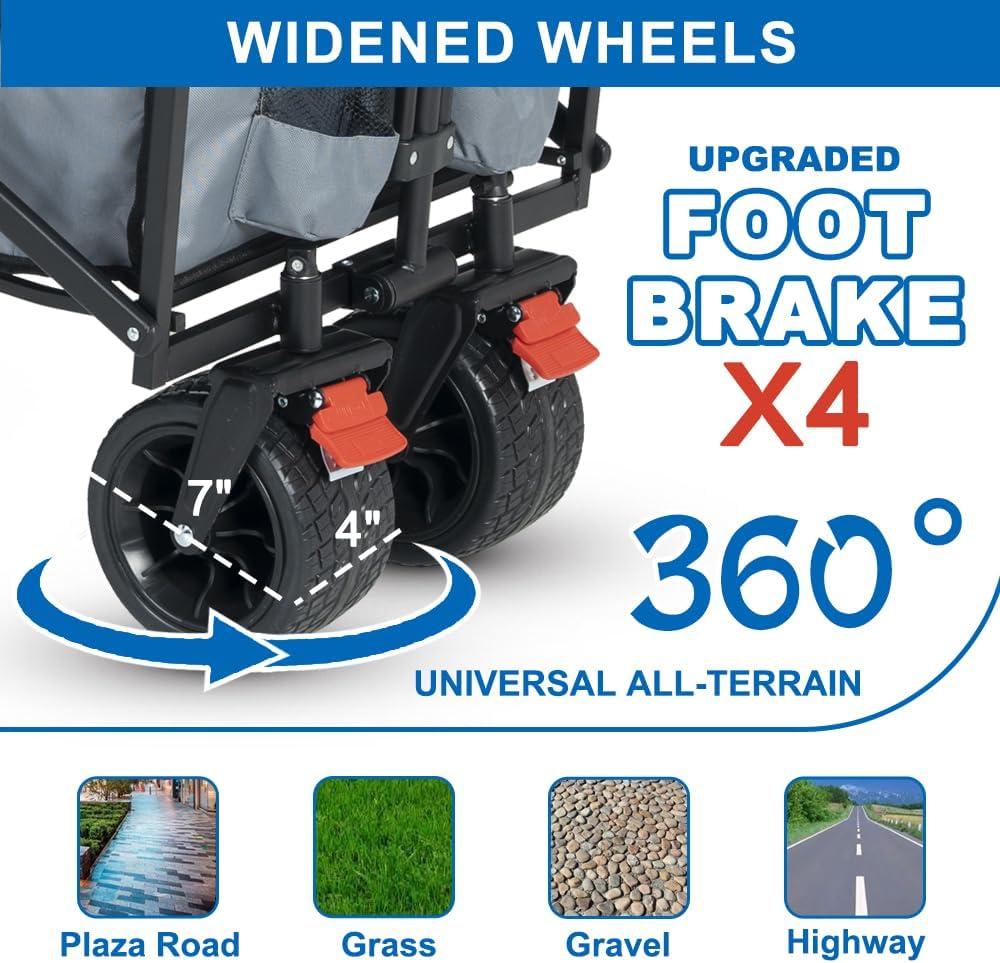 SKYMANOR Collapsible Wagon with Removable Canopy, 3-in-1 Heavy Duty Garden Cart with Big All-Terrain Wheels, Brakes, Adjustable Push Pull Handle, Cooler Bag, 300LBS Wagon Cart for Camping (Grey)