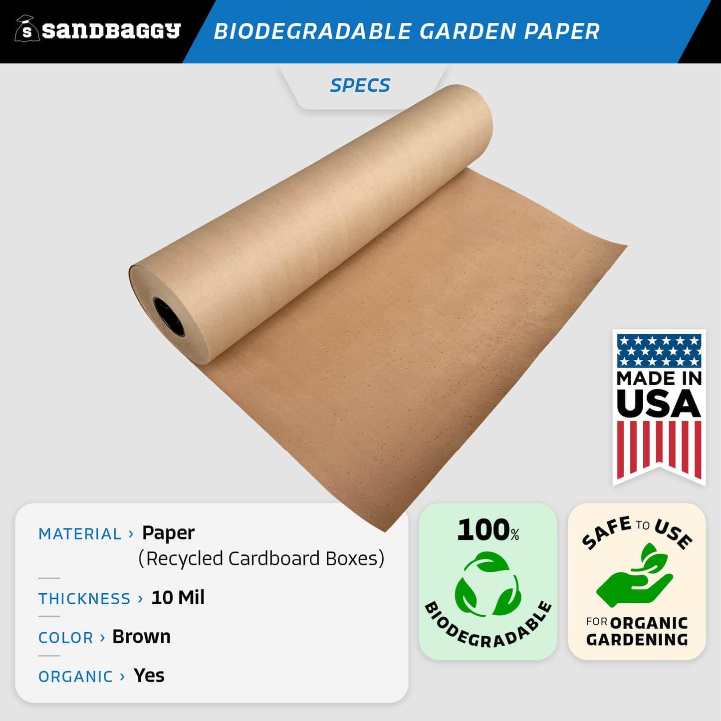 Sandbaggy Biodegradable Landscape Fabric - Garden Paper for Weeds - Paper Mulch Rolls - Made in America (3 ft x 50 ft, 1)