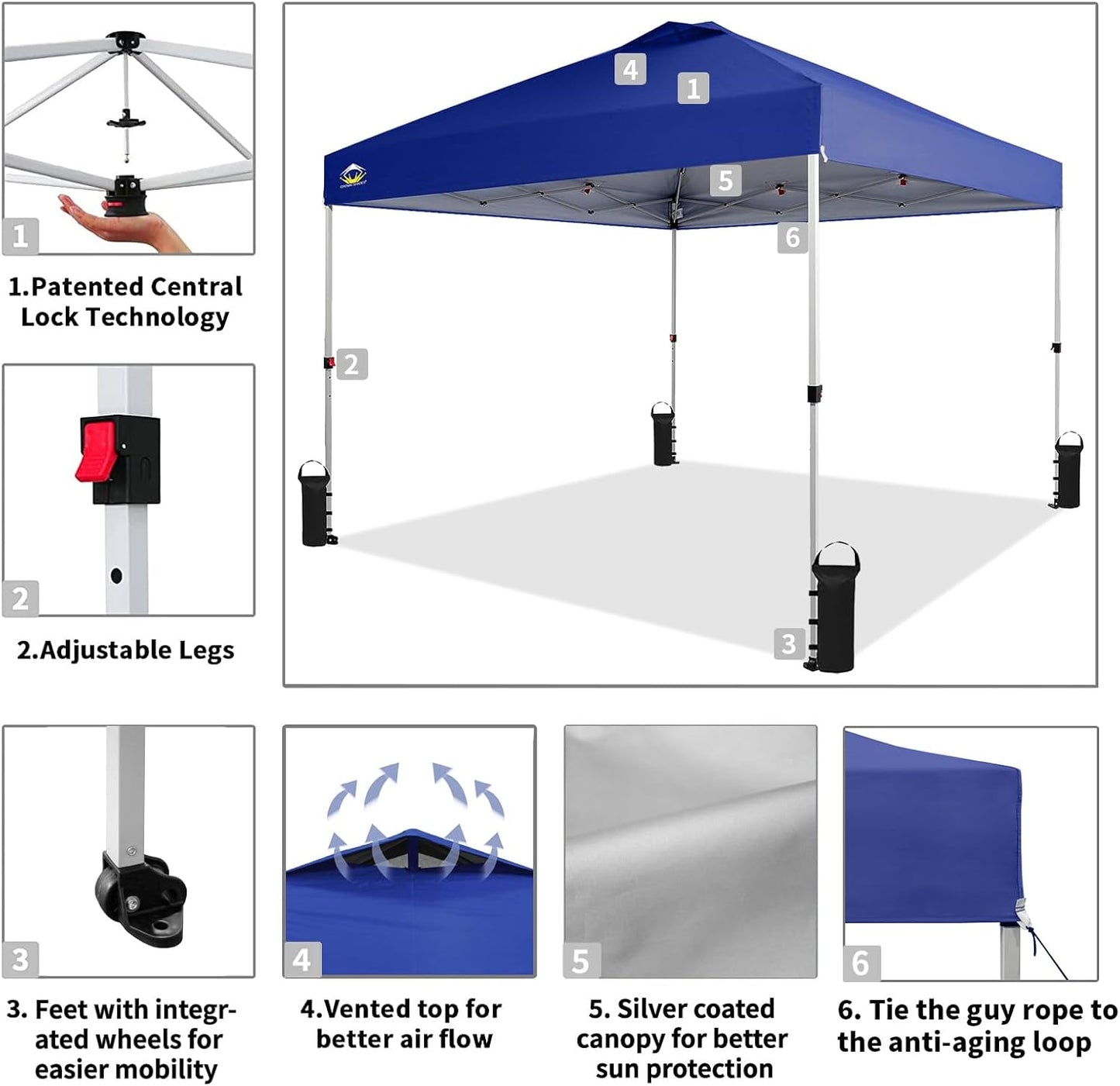 CROWN SHADES 10x10 Pop Up Canopy - Beach Tent with One Push Setup - Easy Outdoor Sun Shade for Events, Parties, Camping - Gazebo with STO-N-Go Cover Bag, Silver Coated Top, Navy Blue