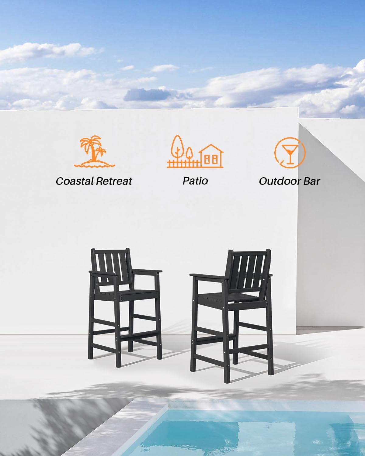 5-Piece HDPE Patio Bar Set, Rectangular Bar Height Table and 4 Adirondack Bar Chairs, All Weather Outdoor Bar Stools Set, Outdoor Bar Table and Chairs Set for Balcony, Pool, Porch, Obsidian