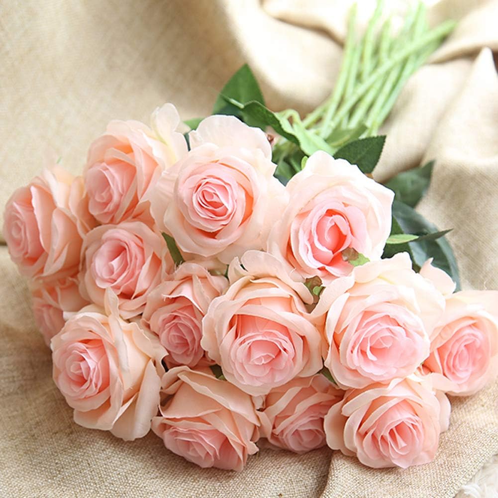 AMZALI 10PCS Artificial Flowers, Silk Artificial Rose Flowers Real Looking Blush Flower Home Decorations for Bridal Wedding Bouquet, Birthday Flowers Bunch Hotel Party Garden Floral Decor (Pink)