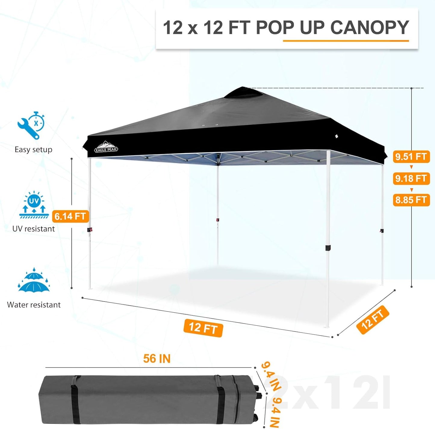 EAGLE PEAK Pop Up Canopy Tent with Wheeled Carry Bag, 8 Stakes, 4 Ropes, 4 Weight Bags, Easy Set Up Tent Canopy, 12x12 ft, 144sqft of Shade, Black