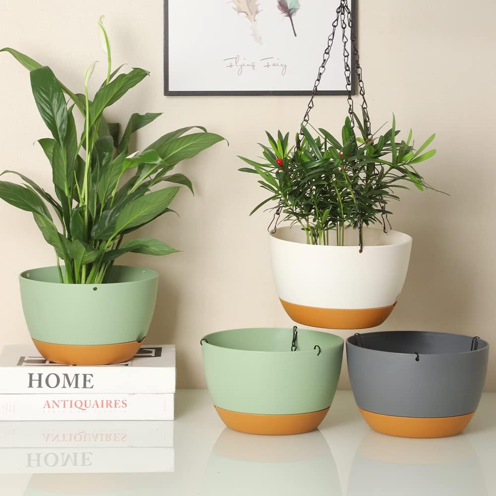 Lookat 2 Pack Plastic Hanging Planters 10 Inch Hanging Pots with Drainage Hole for Indoor Outdoor Plants, Round Hanging Basket with Removable Tray for Home Garden Porch Balcony Patio Decor