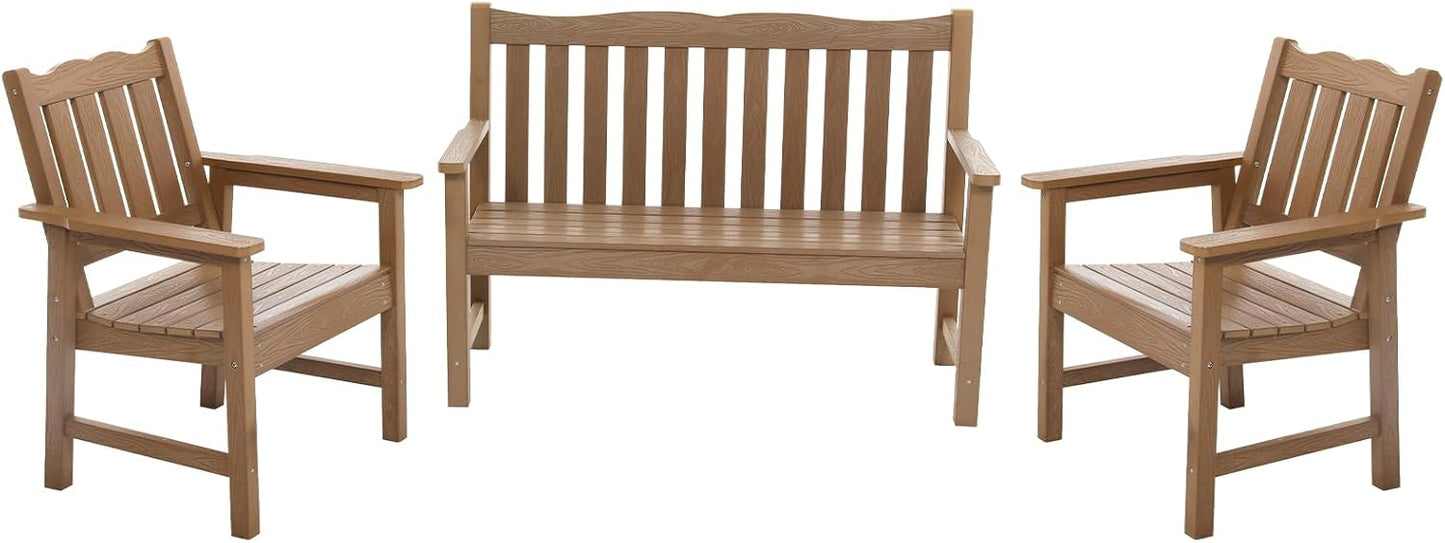 Stoog All-Weather Garden Bench & Chairs Set, 3-Piece Patio Furniture Set, Include 2 Outdoor Chairs and 1 Outdoor Bench, Teak