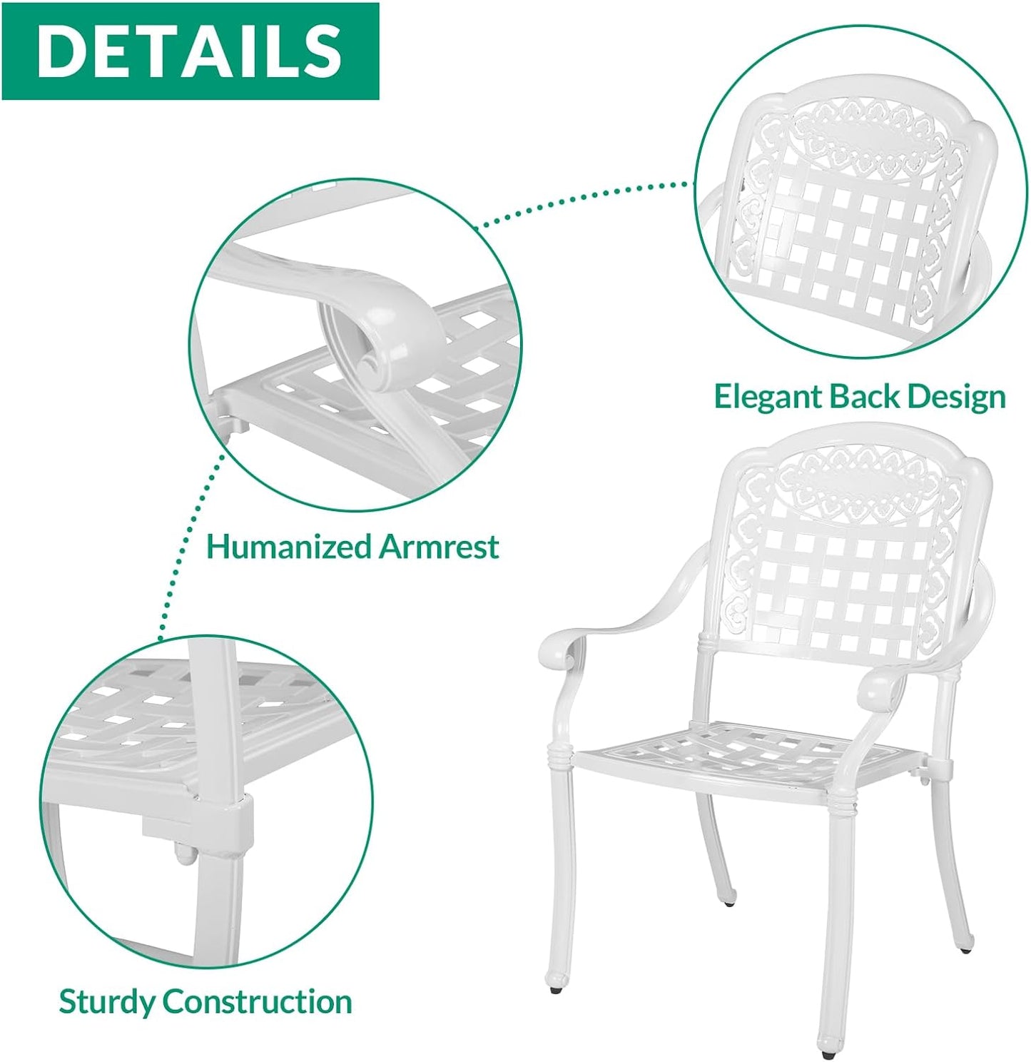 VIVIJASON 3-Piece Outdoor Patio Bistro Set, All-Weather Cast Aluminum Furniture Dining Sets Include 2 Chairs and 31" Round Table w/Umbrella Hole for Balcony, Lawn, Garden, Backyard, White